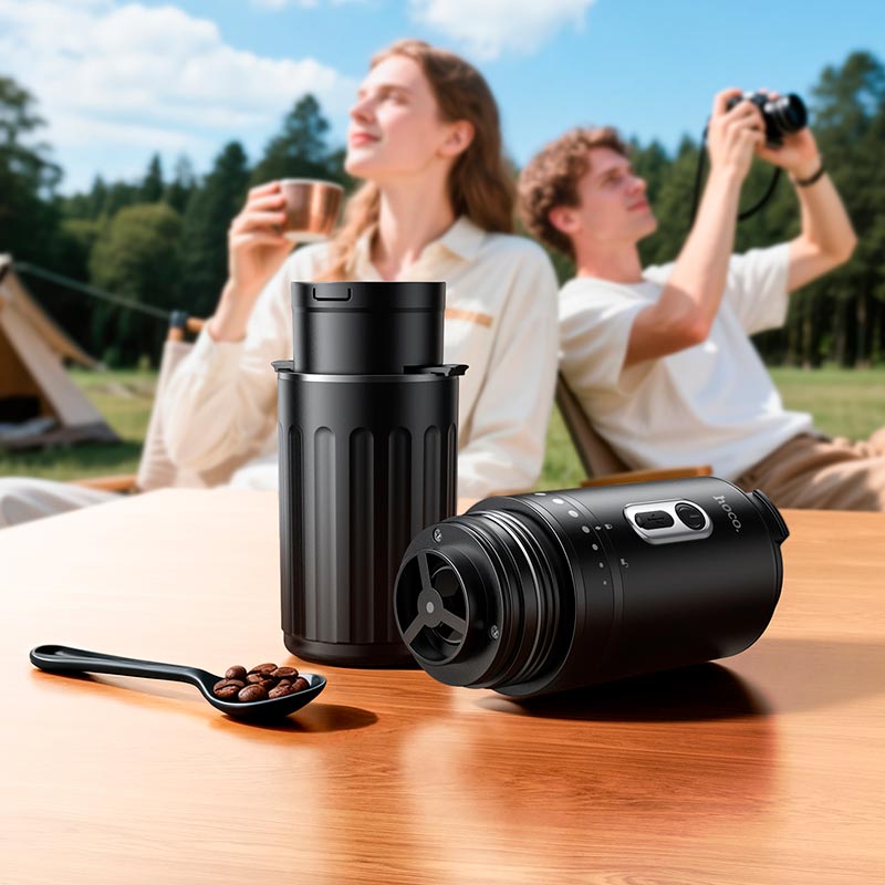 Portable coffee machine used outdoors for travel
