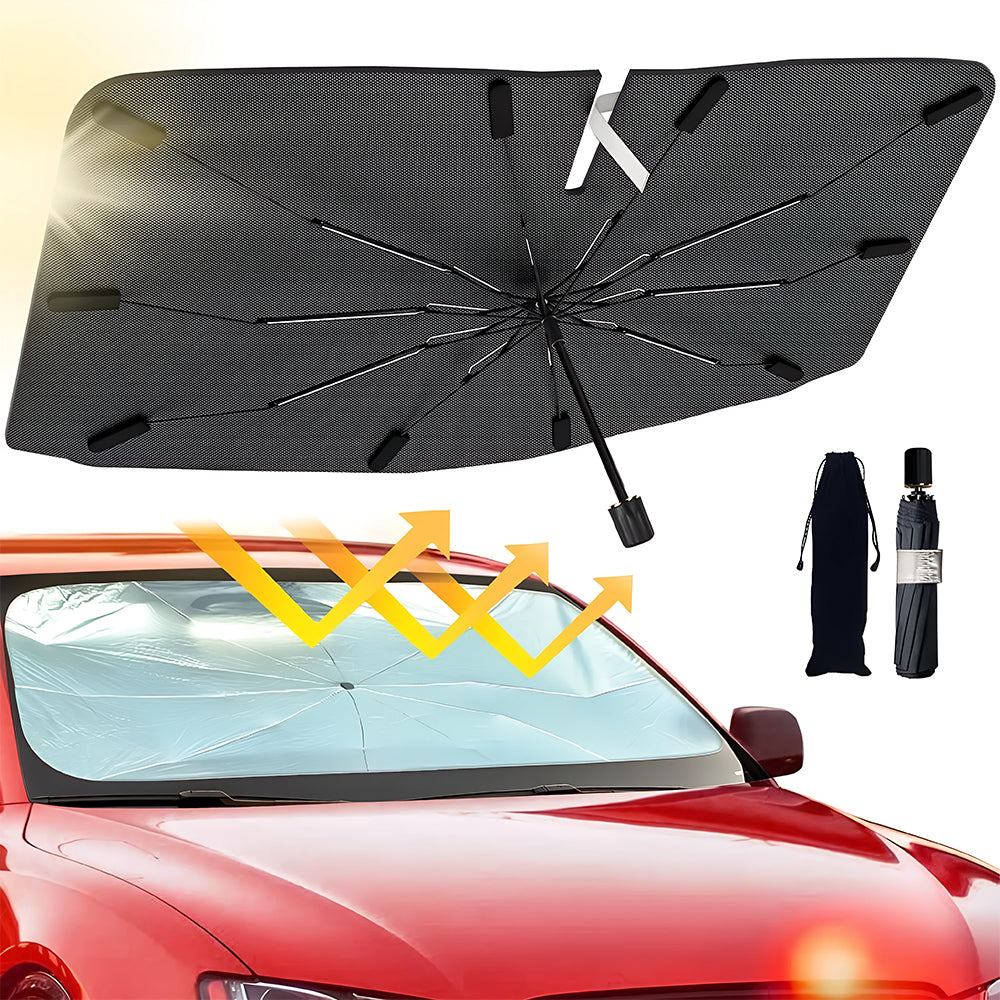 Car windshield sun shade unfolded across a vehicle windscreen to block UV and heat