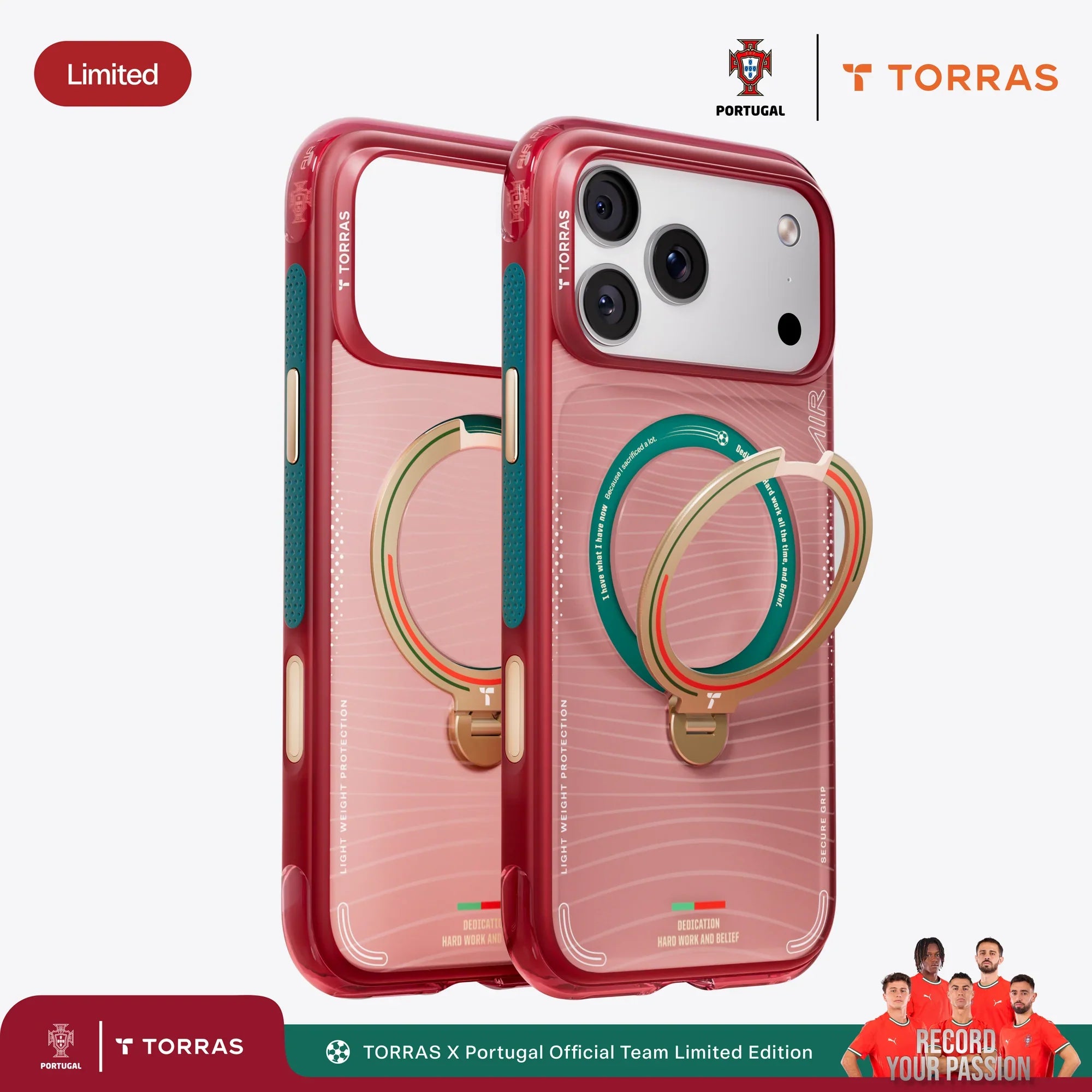 TORRAS × FPF Limited Edition case for iPhone 17 Pro Max featuring Portugal-inspired design and rotating stand.

