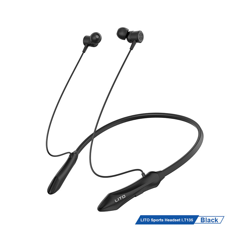 LITO LT-135 neckband earphones front view on neck black