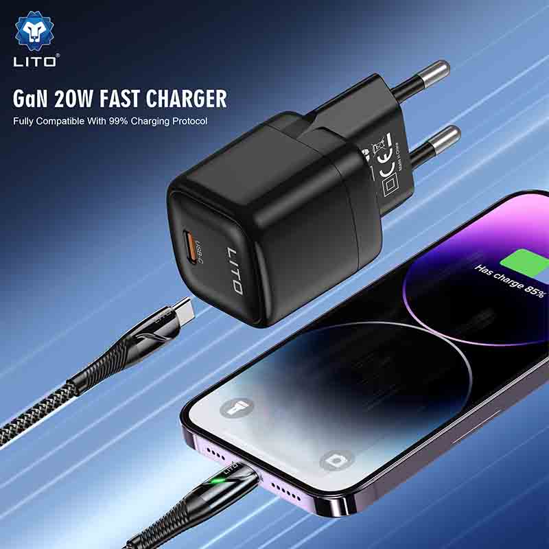 LITO LC10 GaN 20W charger with phone and cable on blue background