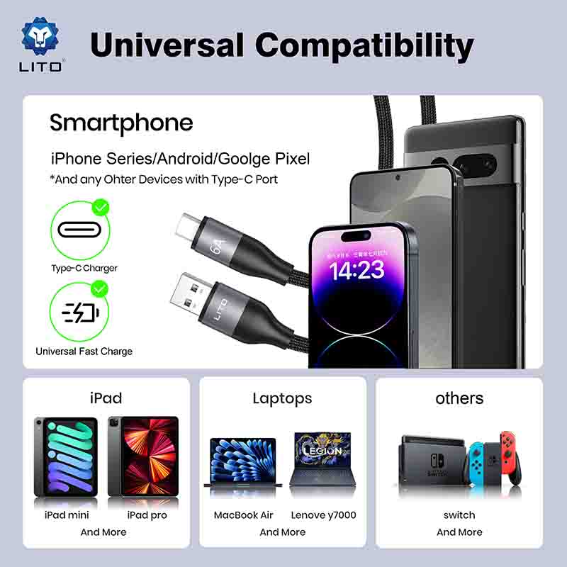 LITO LD23 1m 6A 100W Fast Charging Metal Type-C Cable
