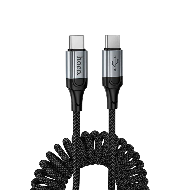 Hoco X121 Nuevo USB-C to USB-C cable 1.5m in black with spring braided design, full length view
