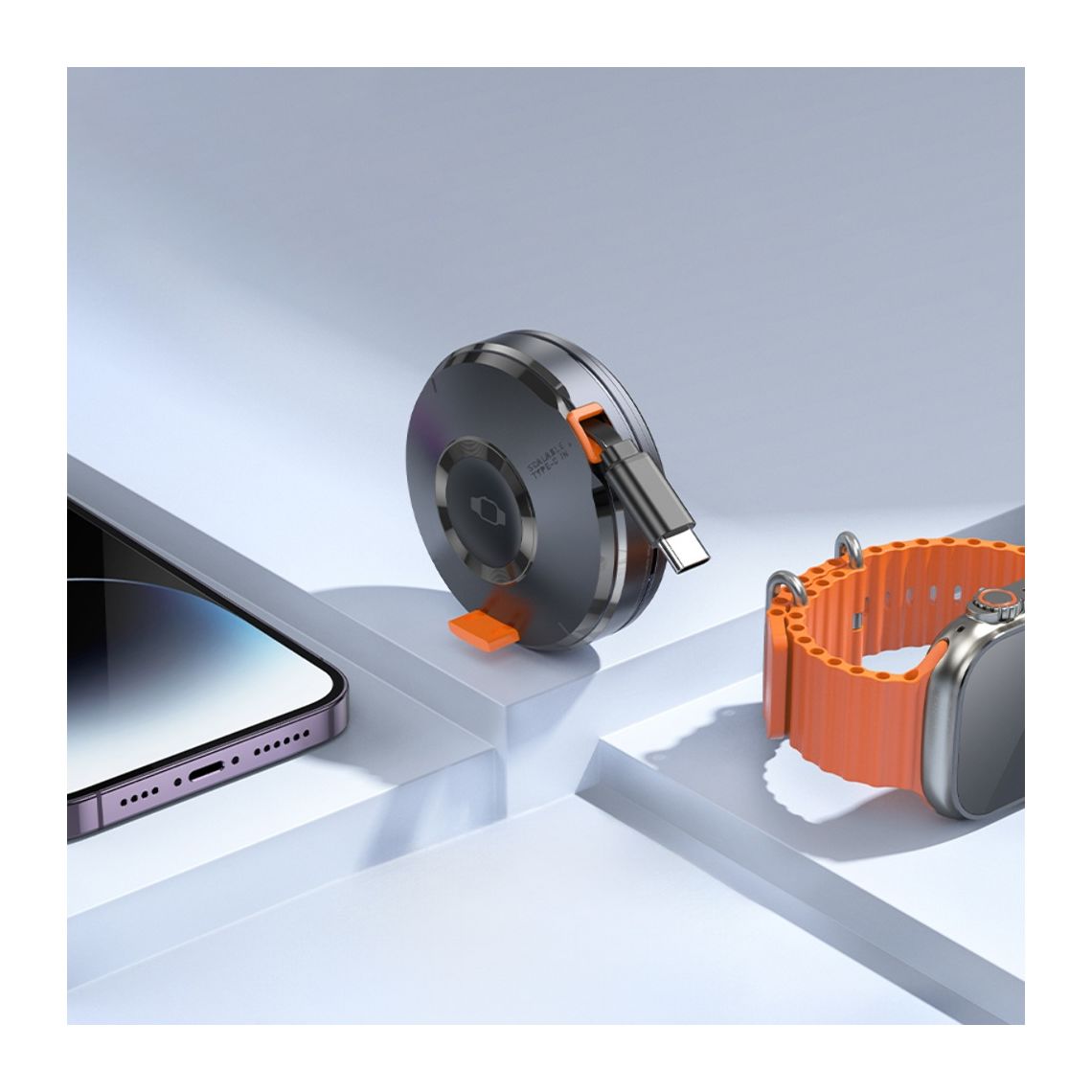 Magnetic phone charger and Apple Watch charger in metal gray