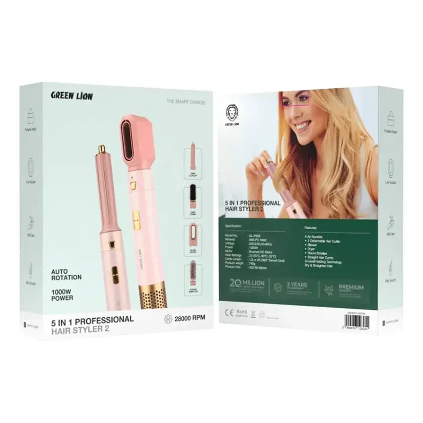 Green Lion 5-in-1 hair styler 2 front view with nozzles