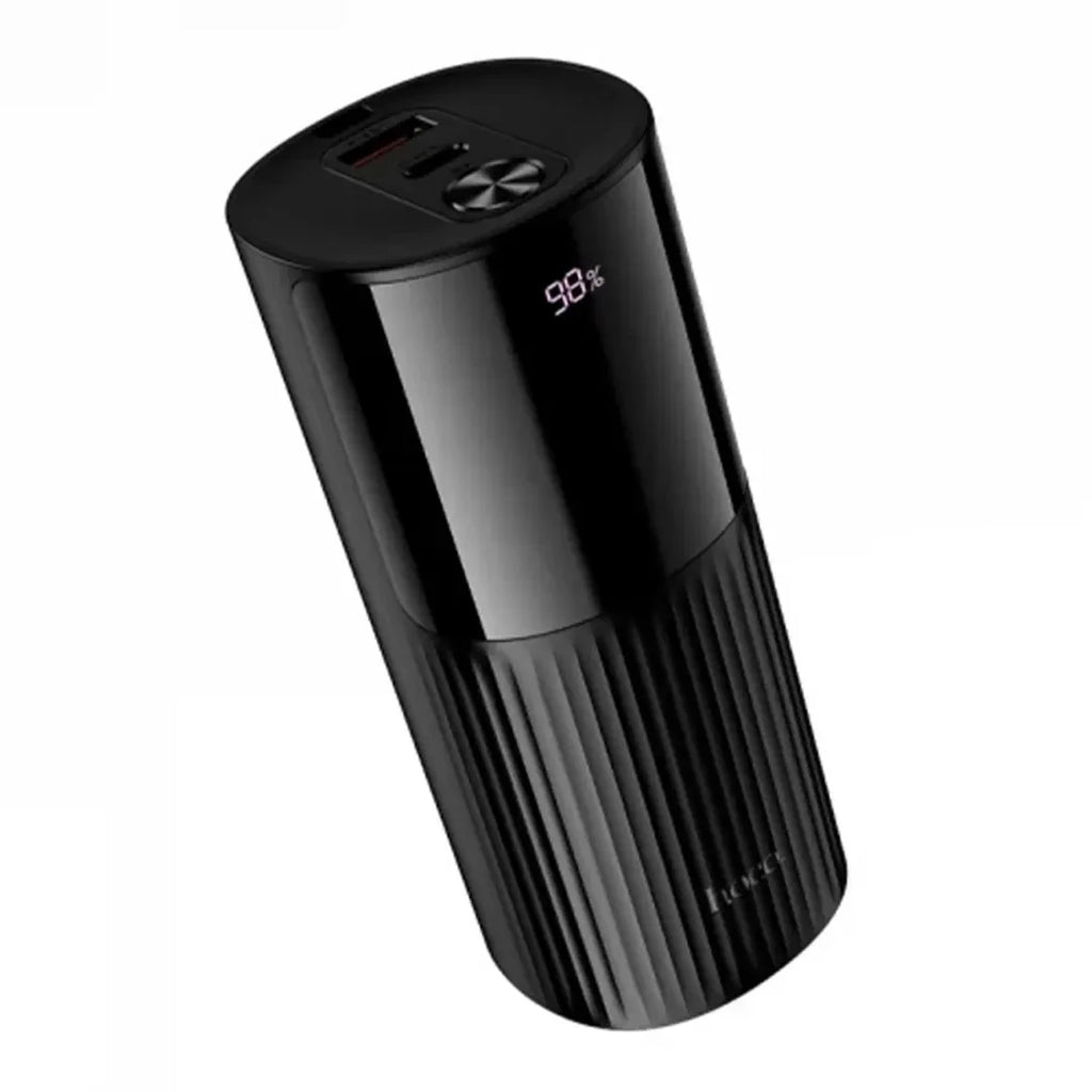 Portable HOCO J150 power bank charging iPhone using built-in cable.
