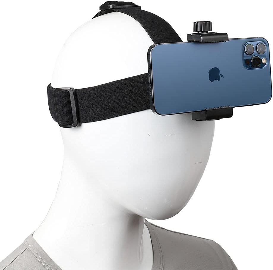 Head-mounted mobile phone holder with adjustable headband for first-person view recording