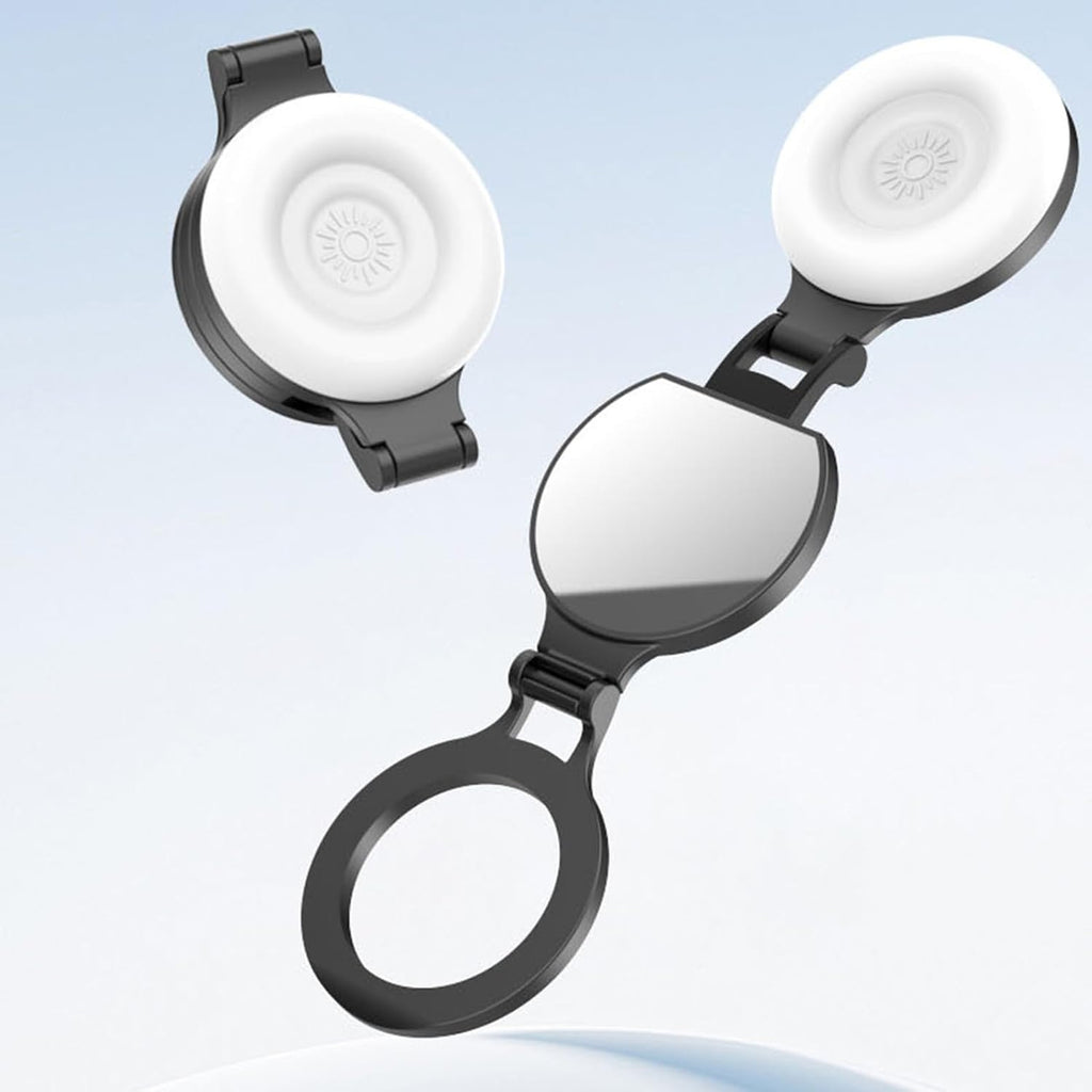 Magnetic phone fill light with mirror, folded and open views showing the clip-on design