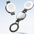 Magnetic phone fill light with mirror, folded and open views showing the clip-on design