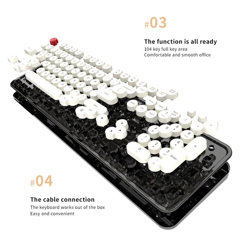Close-up of MOFII keyboard showing typewriter-style keys.
