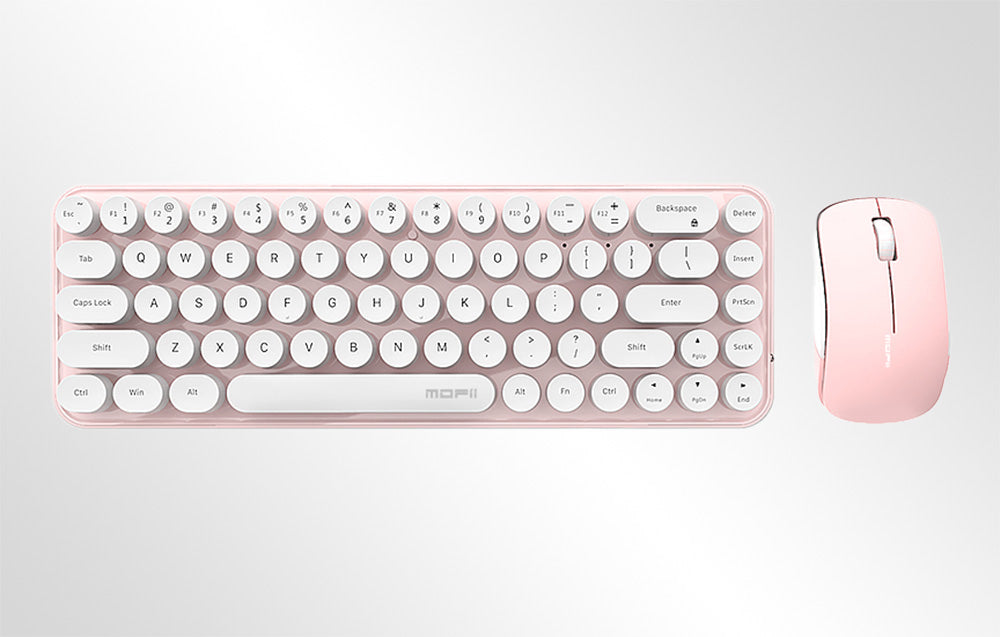 MOFII Bean 2.4G pink white keyboard mouse combo on clean white desk, compact ergonomic design

