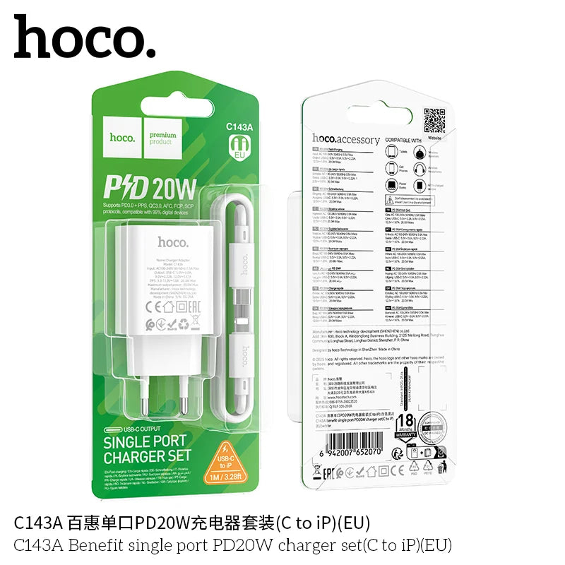HOCO C143A charger set connected to iPhone via USB-C to Lightning cable.
