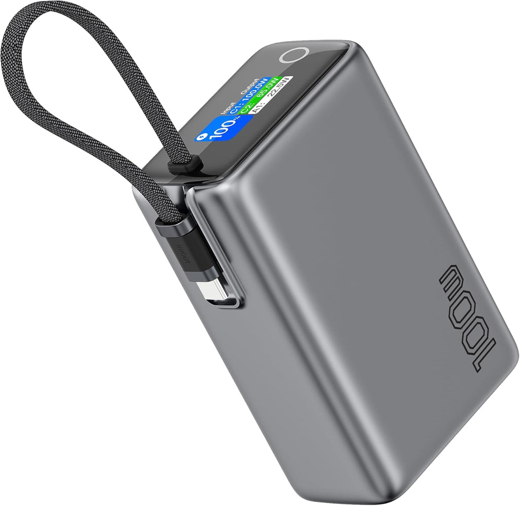Green Lion Tron X 25000mAh power bank with built-in braided USB-C cable.
