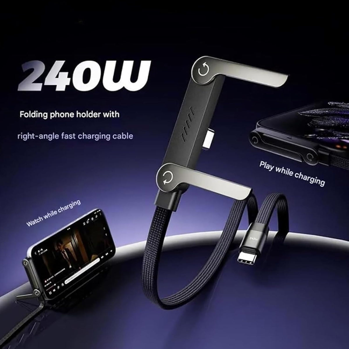 Basemo 2-in-1 Invisible Holder Charger Cable – 240W Fast Charging Cable with Built-in Phone Stand