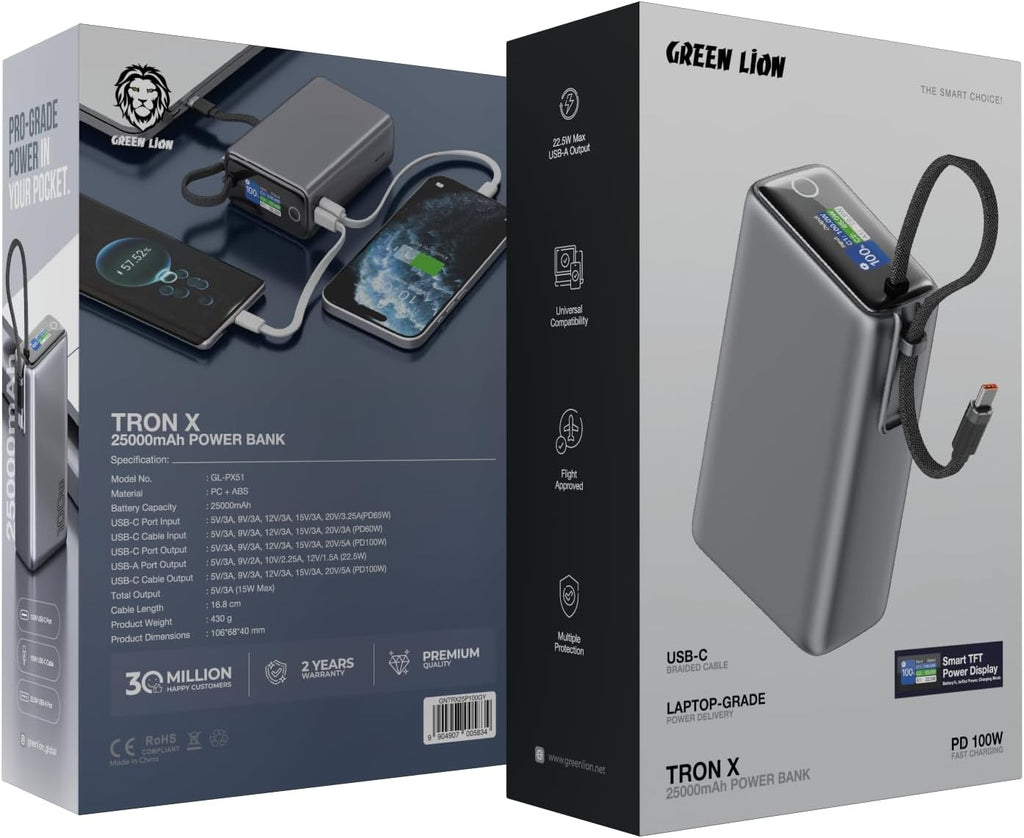 Close-up of Green Lion Tron X showing 100W PD fast charging capability.
