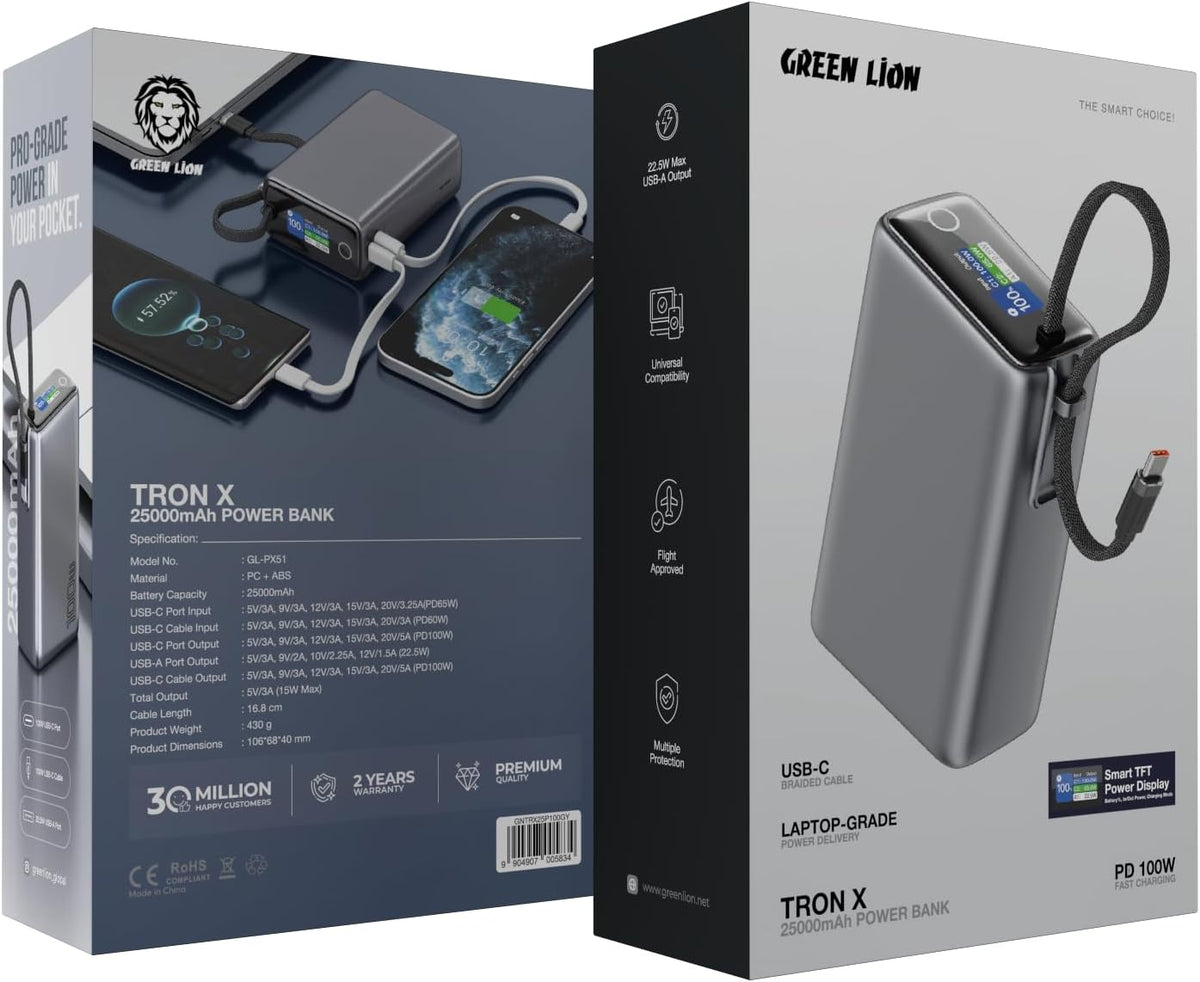 Close-up of Green Lion Tron X showing 100W PD fast charging capability.
