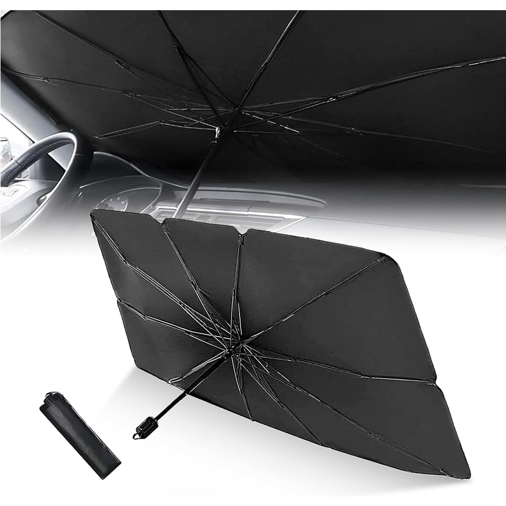 Umbrella-style car windshield sun shade protecting the dashboard from sun and heat