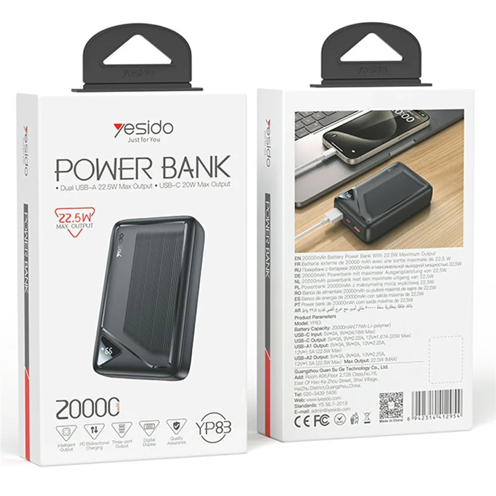 YESIDO YP83 22.5W fast charging power bank in compact design.