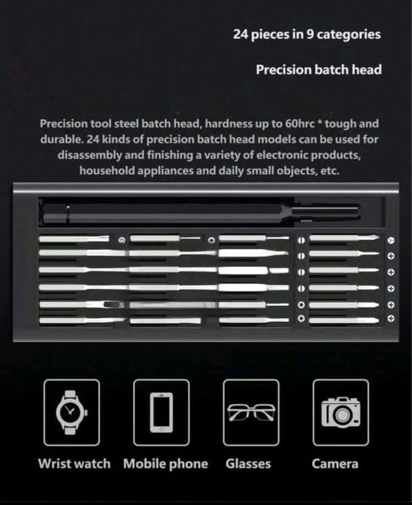 Precision screwdriver set open case showing full range of tool heads
