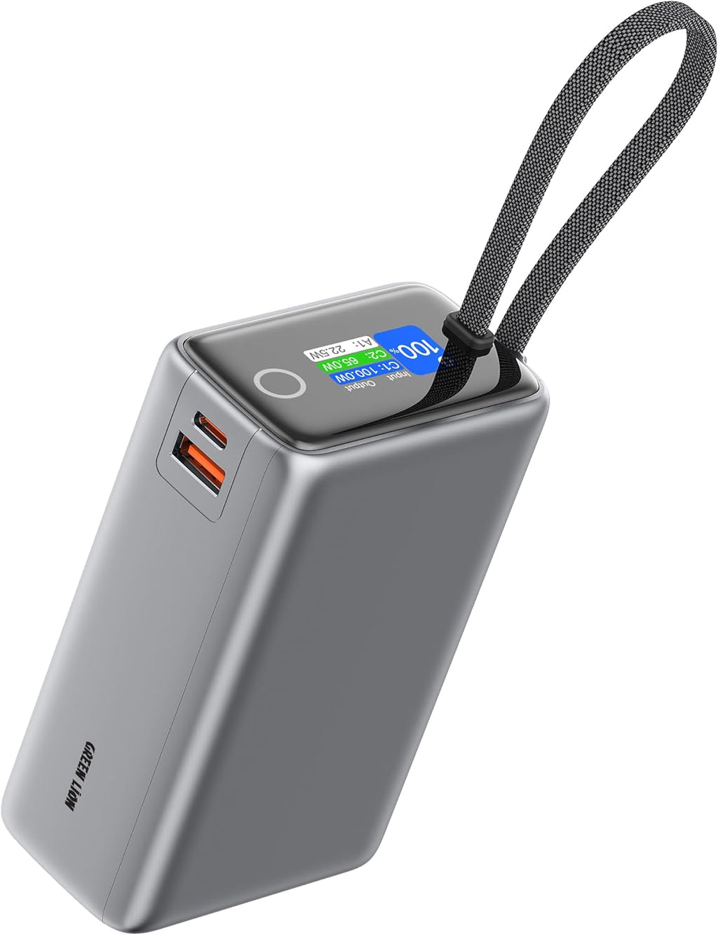 Power Bank 25000mAh, PD 100W, Built-in 100W Braided USB-C Cable Green Lion Tron X