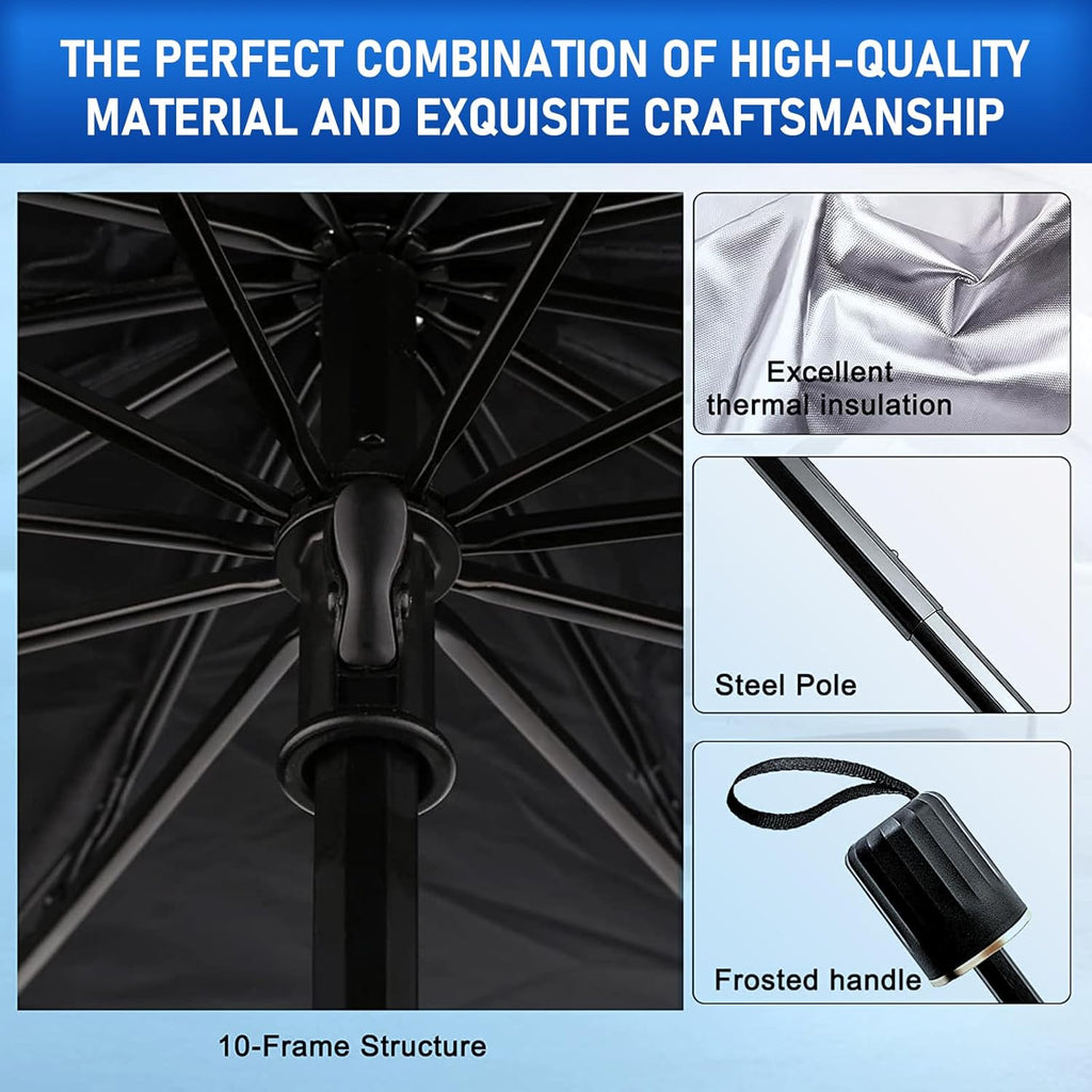 Car windshield sun shade folded into its compact storage pouch for easy storage