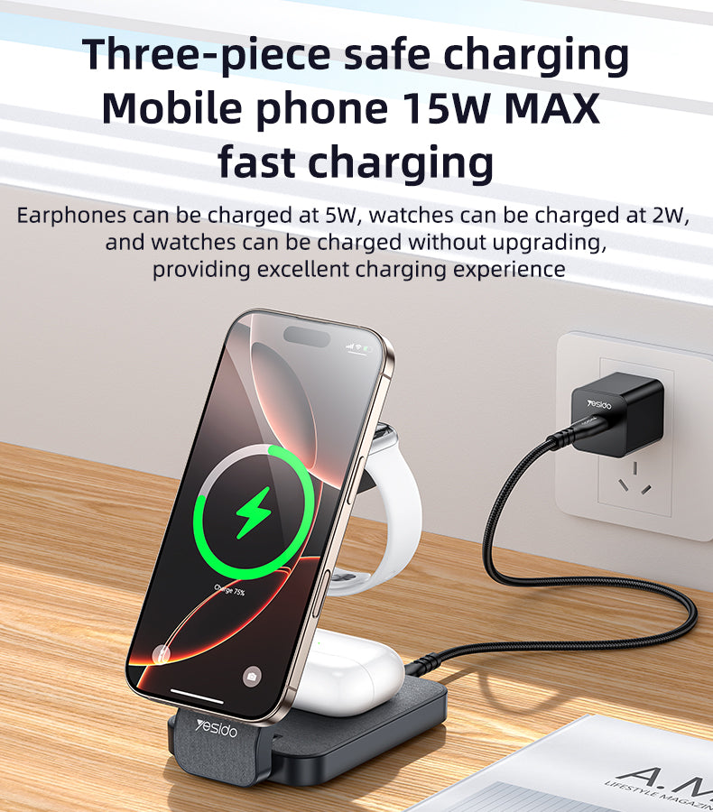 Yesido DS26 3-in-1 Charging Stand – Magnetic Phone Position