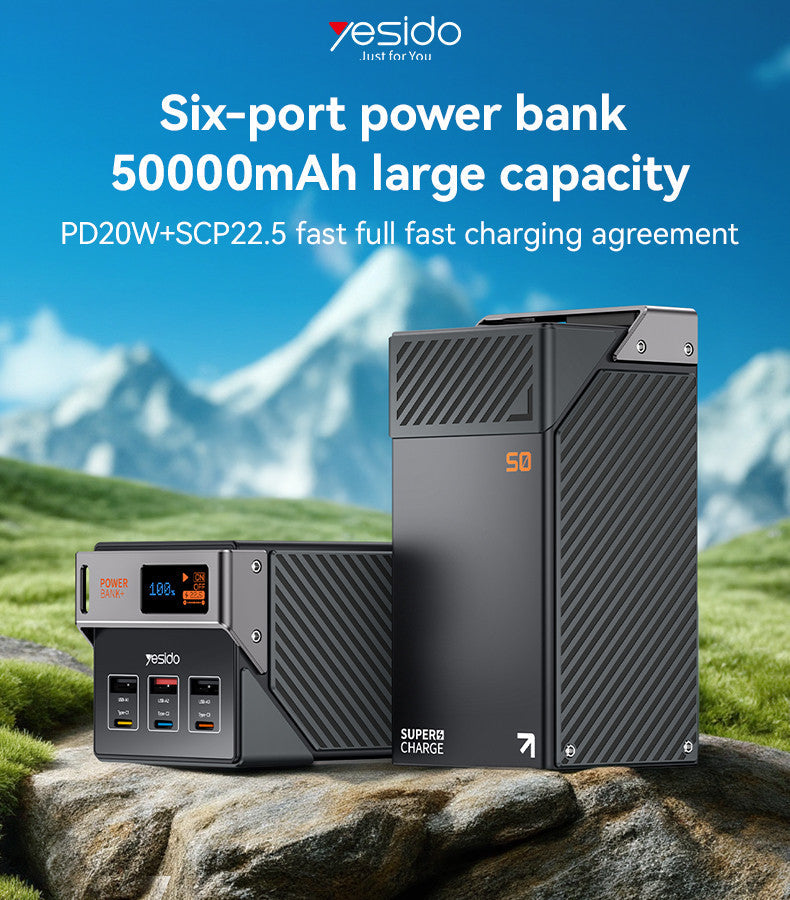 High-capacity Yesido YP63 power bank showing digital display and multiple ports