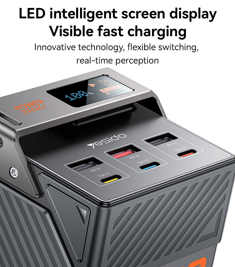 Portable six-port Yesido YP63 power bank with sleek black design