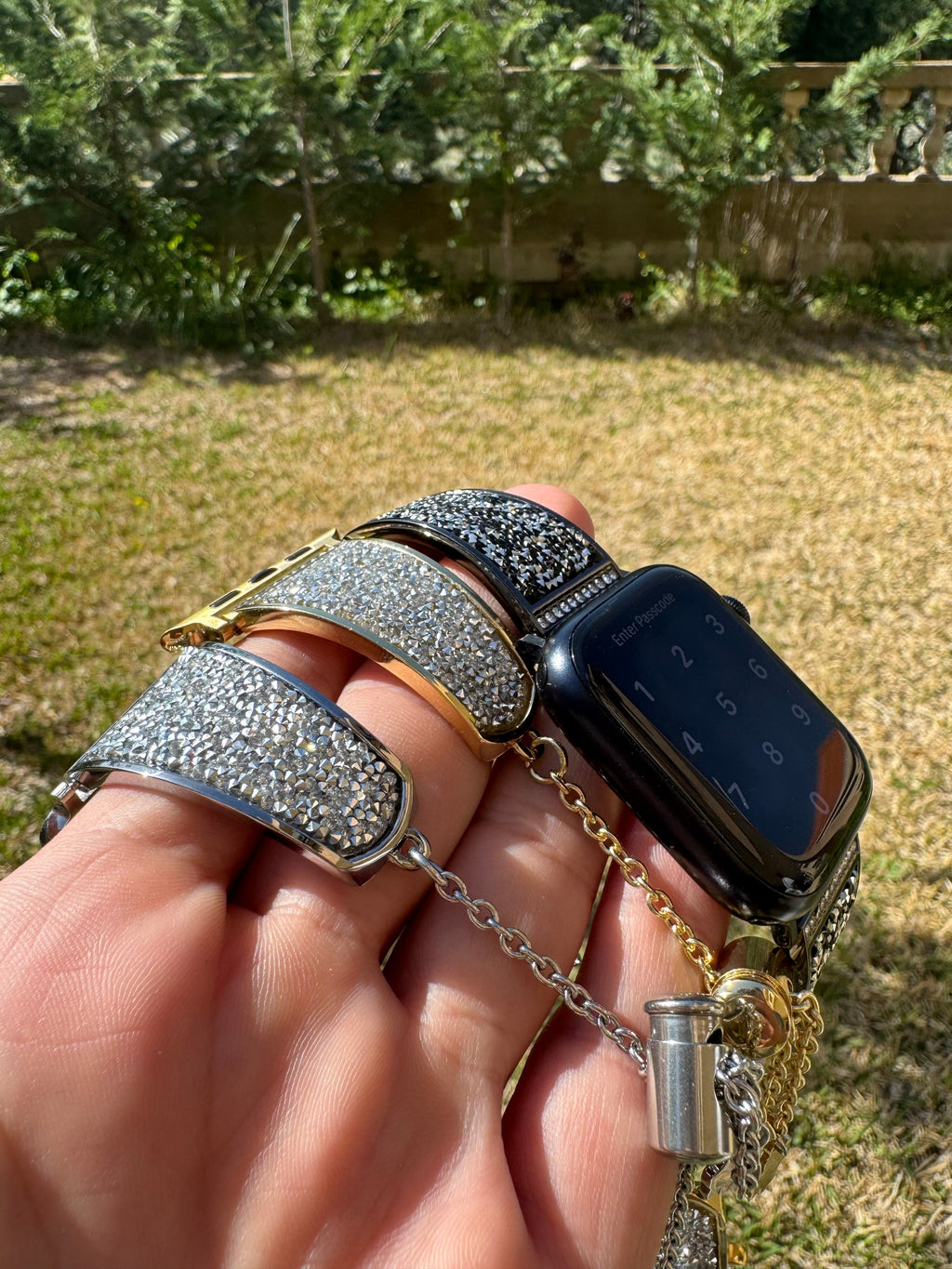 Women's Diamond Metal Apple Watch Band – Silver Rhinestone on Wrist