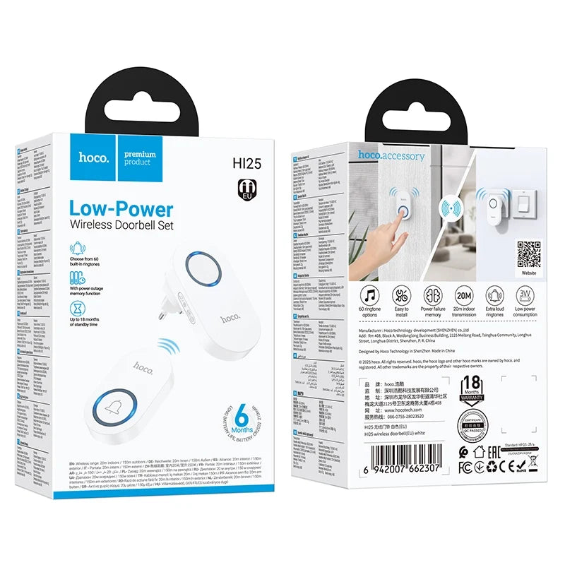 HOCO HI25 Wireless Doorbell – 60 Chimes | 150m Range | Smart Door Chime