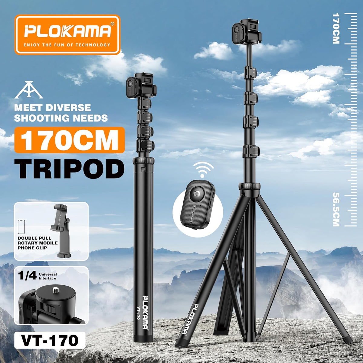 Plokama VT-170 tripod – Bluetooth remote and cold shoe mount
