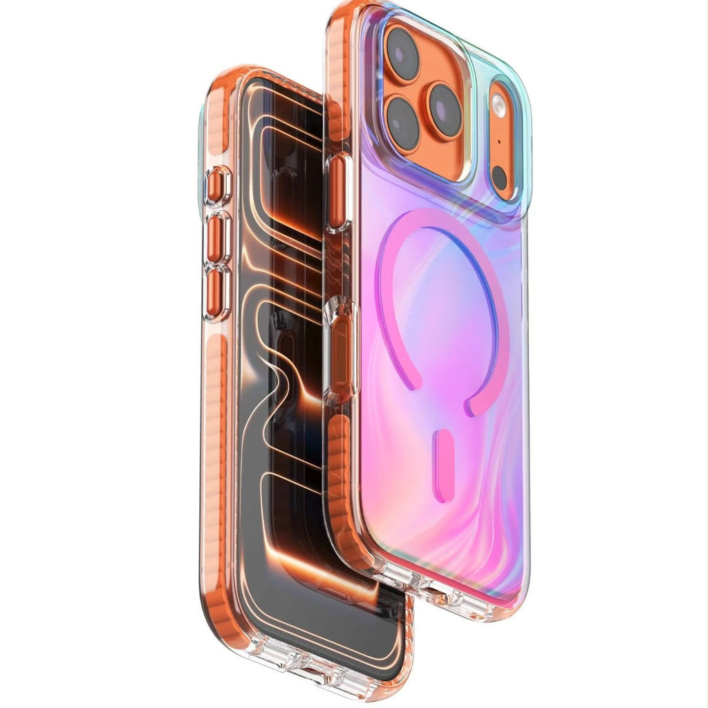 PULOKA iridescent IMD MagSafe case for iPhone 17 Pro in orange, front and back
