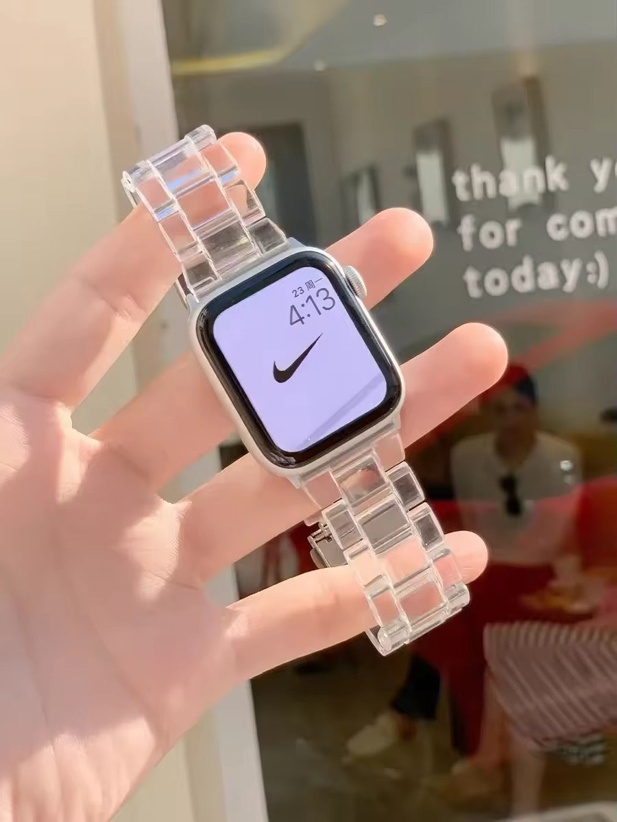 Transparent resin band on Apple Watch wrist elegant