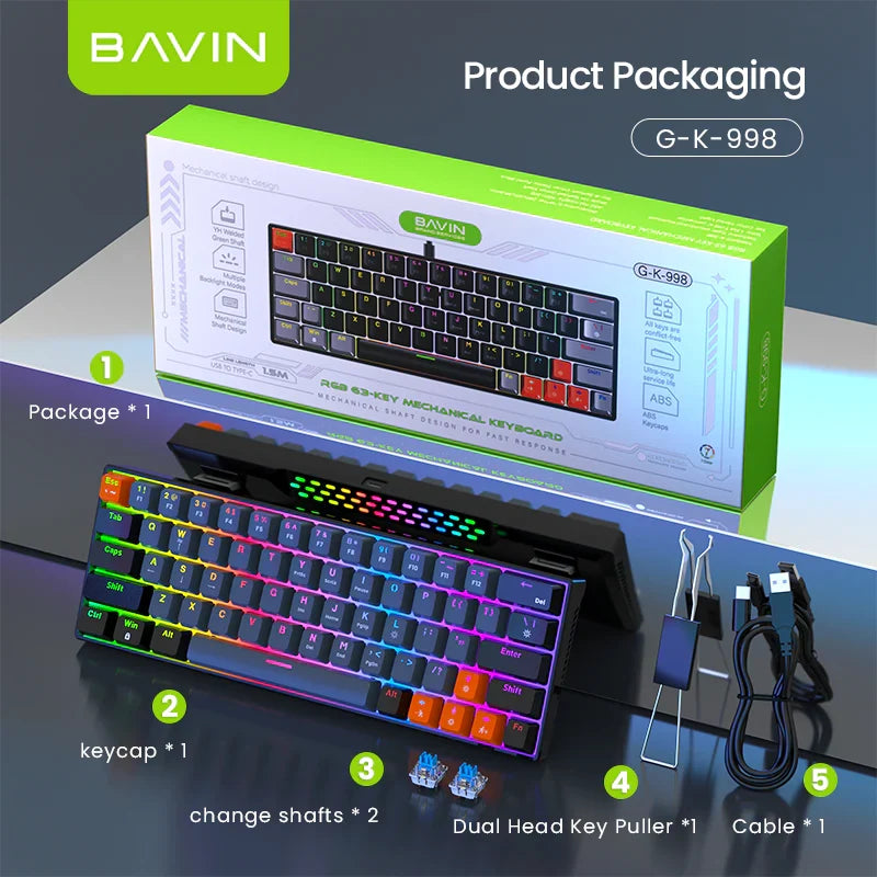 BAVIN G-K-998 RGB 63-Key Mechanical Gaming Keyboard w/ Wired Connection