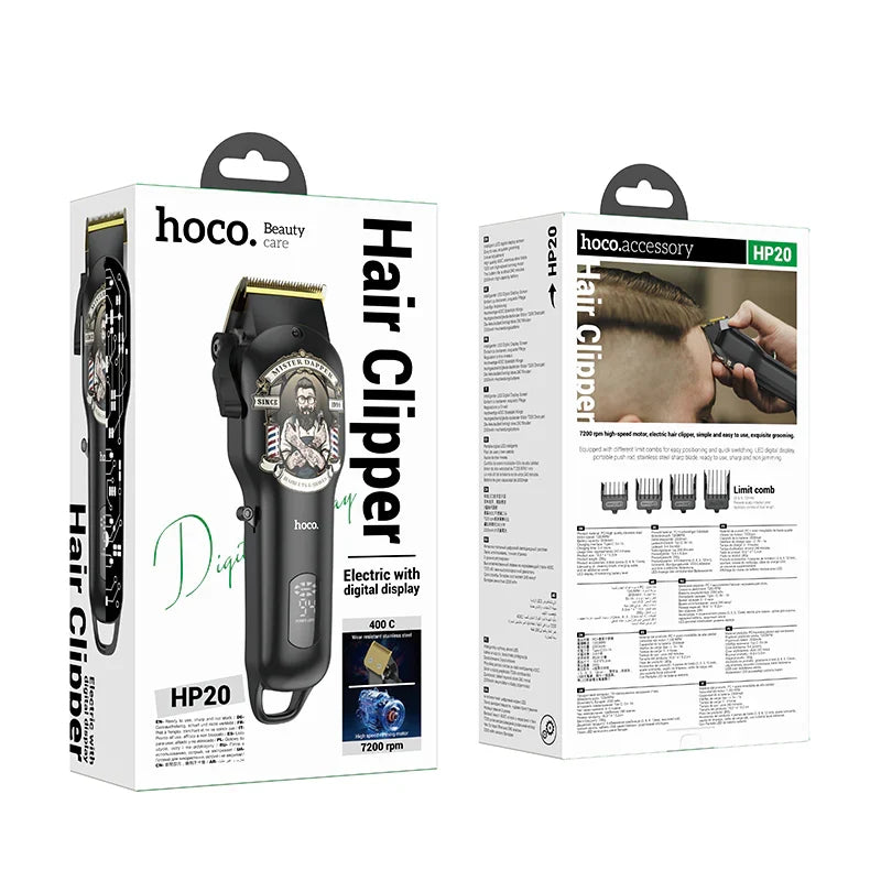 Hair clipper HP20 with LED screen showing battery level and settings