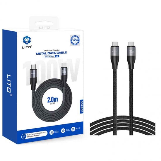 LITO LD25 2m 100W USB-C braided cable front view gray