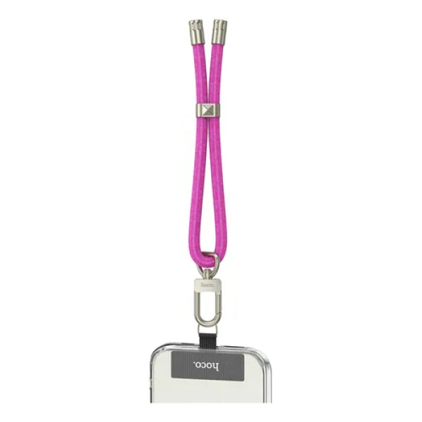 Hoco GH4 21cm phone wristband with silver metal carabiner clip and braided pink nylon cord, front view
