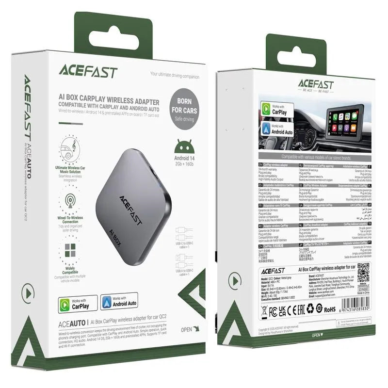 ACEFAST QC2 wireless CarPlay Android Auto AI box grey design.
