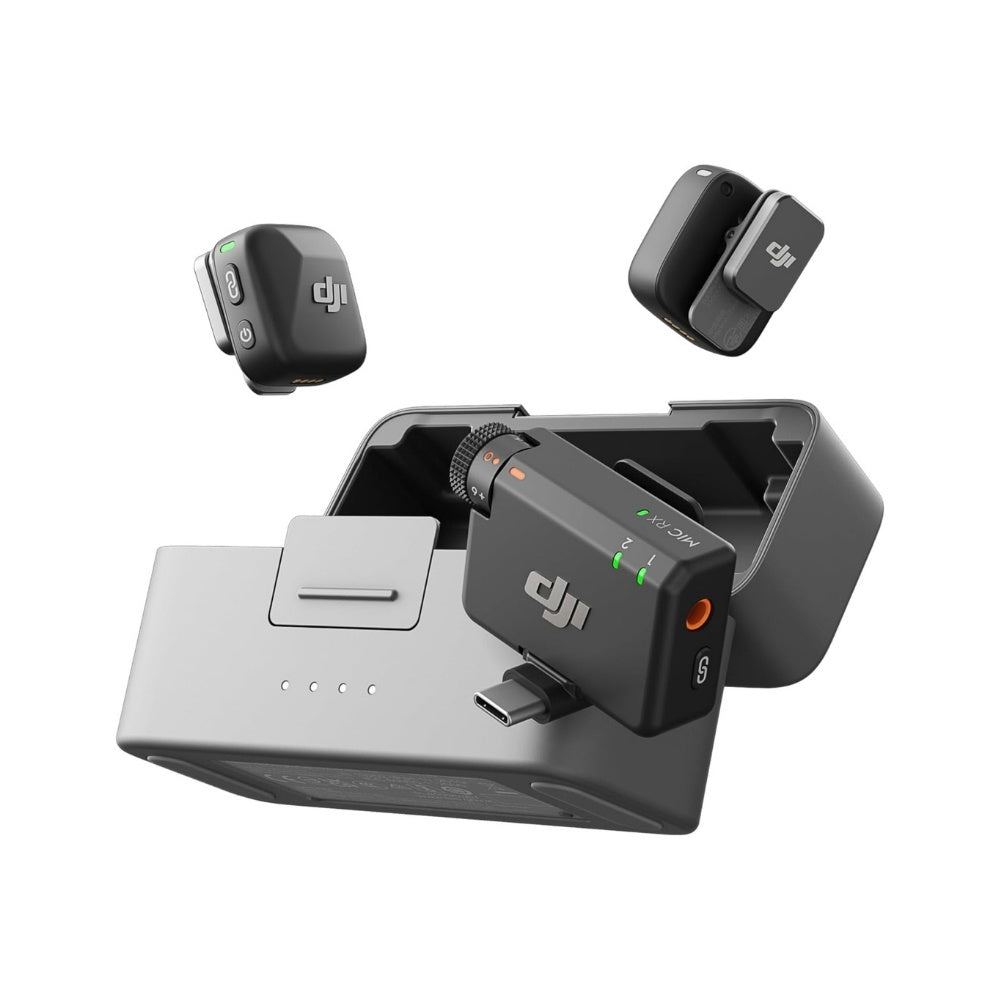 DJI Mic Mini wireless microphone system with 2 transmitters and receiver
