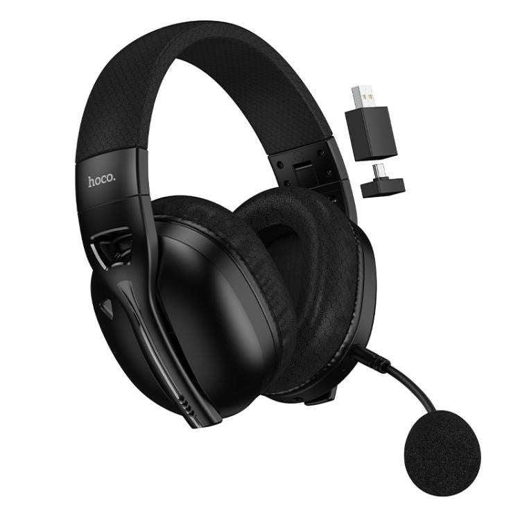 Hoco W114 Magic 40mm driver gaming headphones worn on head showing memory foam earcup comfort and RGB lighting
