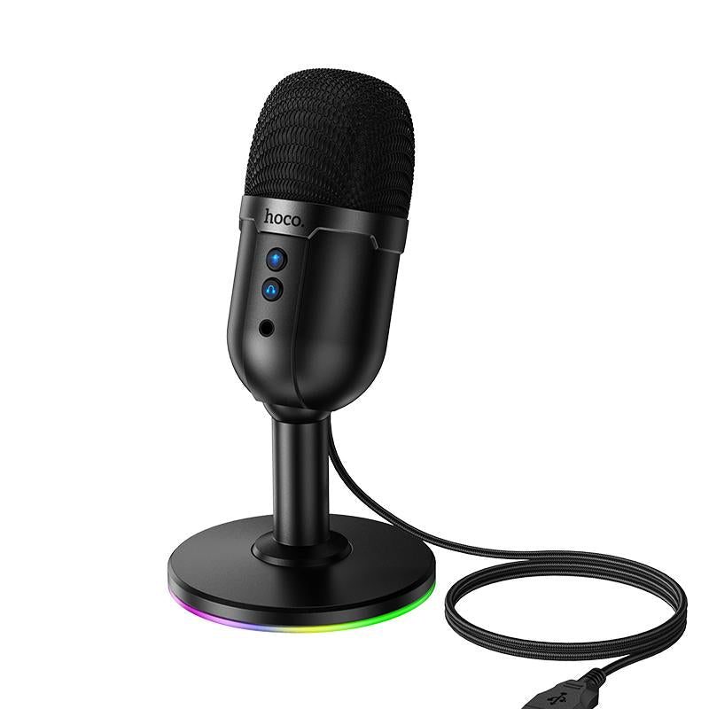 HOCO L25 RGB USB desktop microphone with colorful lighting on stand
