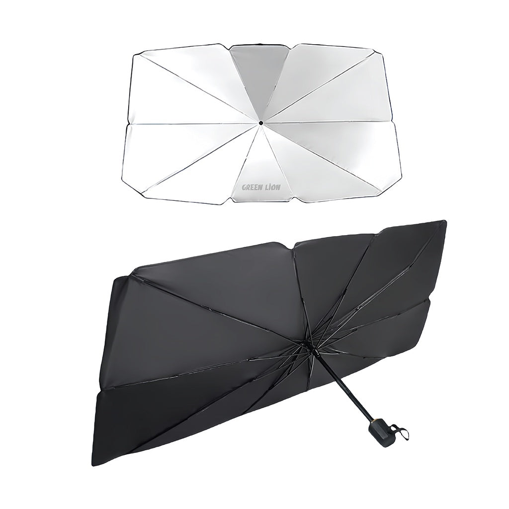 Close-up of Green Lion foldable windshield umbrella design.
