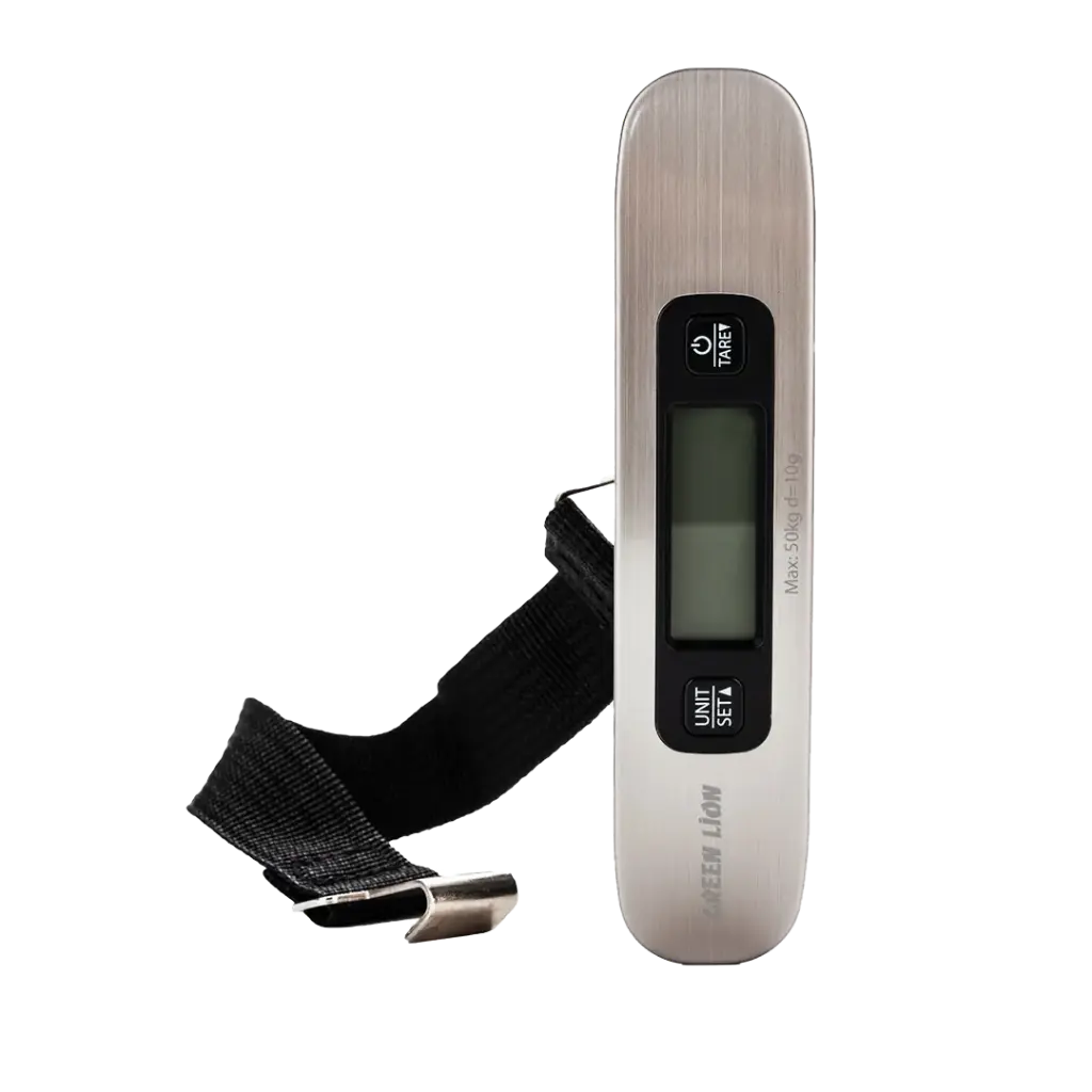 Green Lion digital luggage scale in silver showing LCD display and stainless steel body, front view
