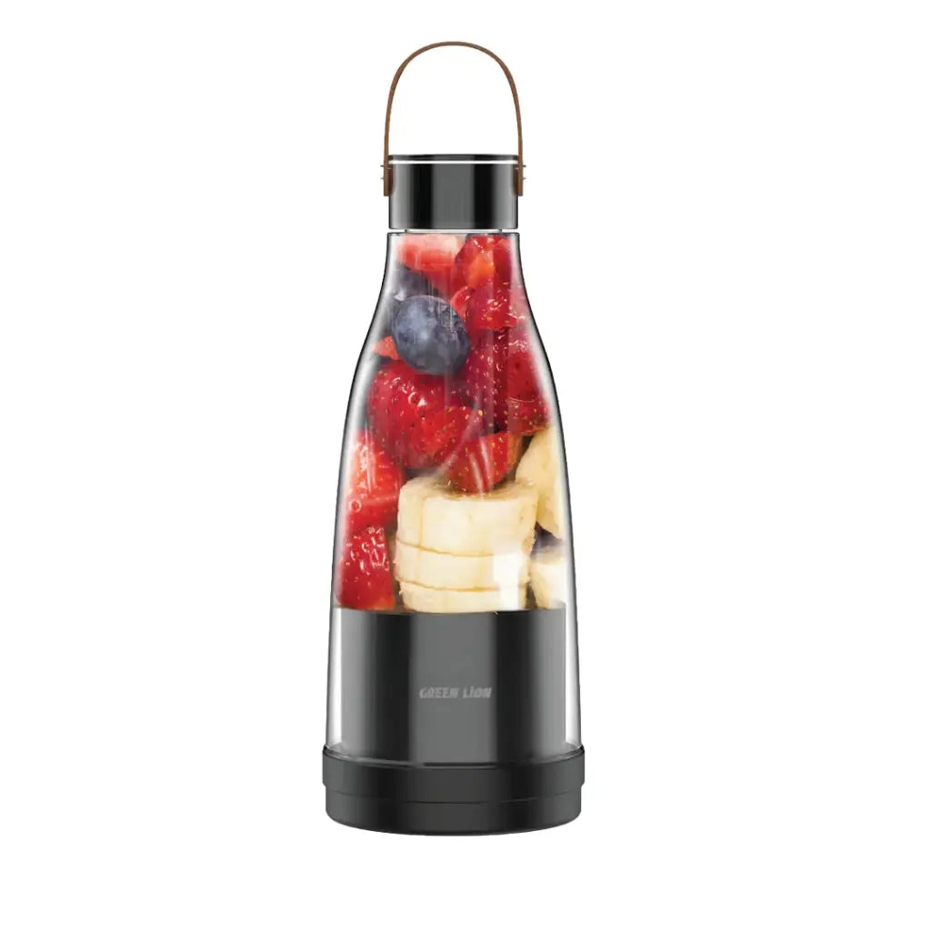 Green Lion Mixmate Portable Juicer 300ML with fresh fruit inside.
