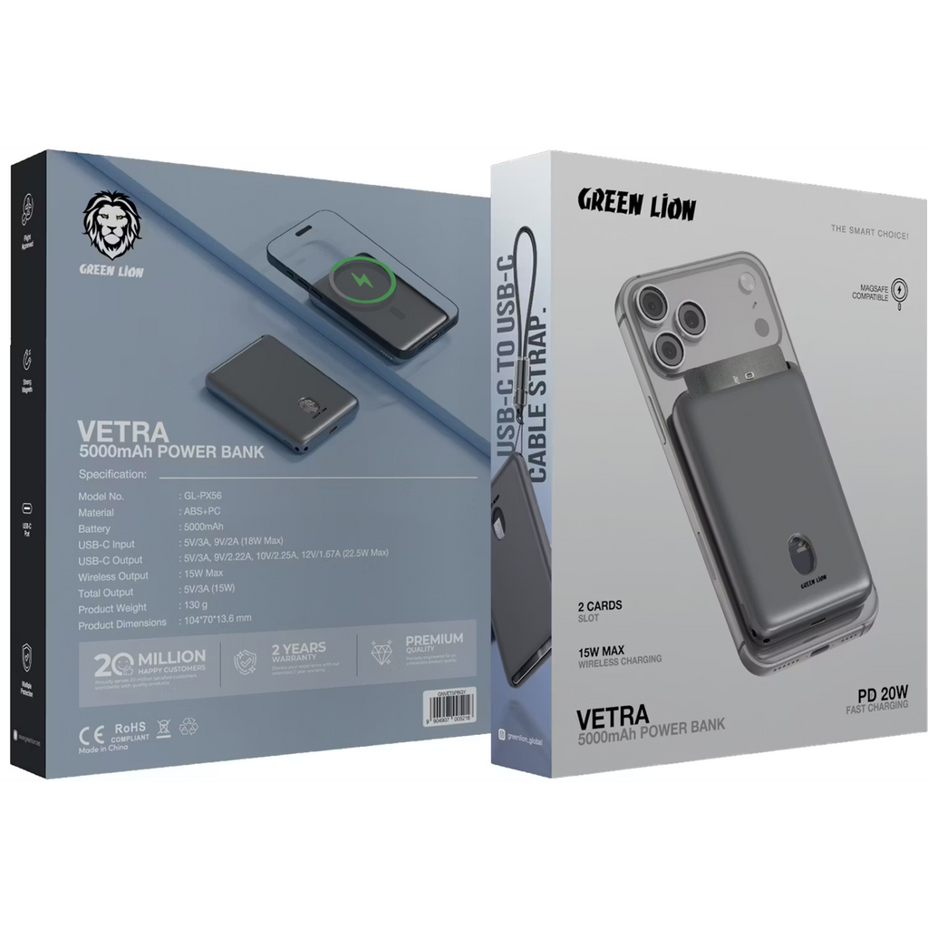 Green Lion Vetra 5000mAh MagSafe Power Bank 20W PD with USB-C Cable Strap