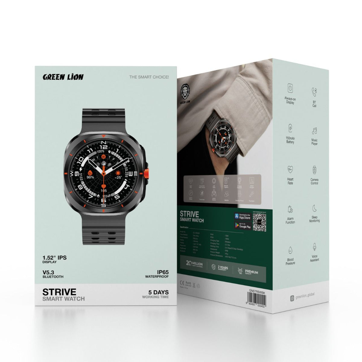 Green Lion Strive smart watch front view TFT display