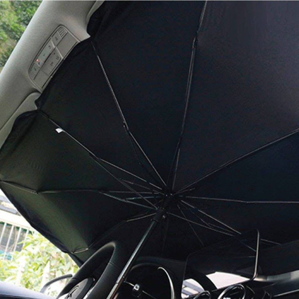 Portable Green Lion windshield umbrella folded for storage.
