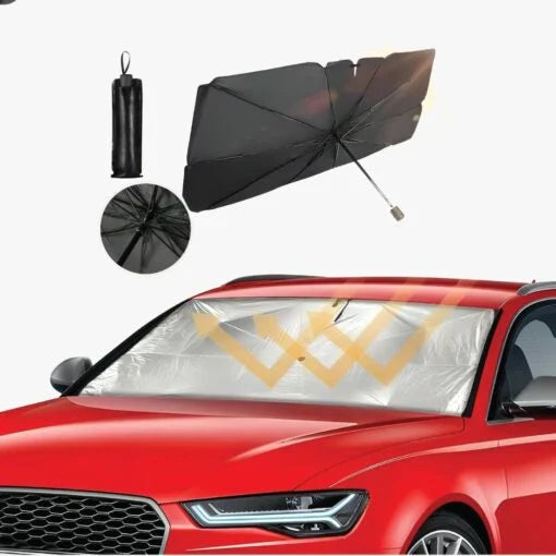 Green Lion car windshield umbrella sunshade installed on windshield.
