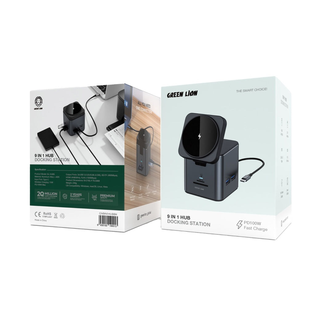 Green Lion 9-in-1 hub connected to laptop setup