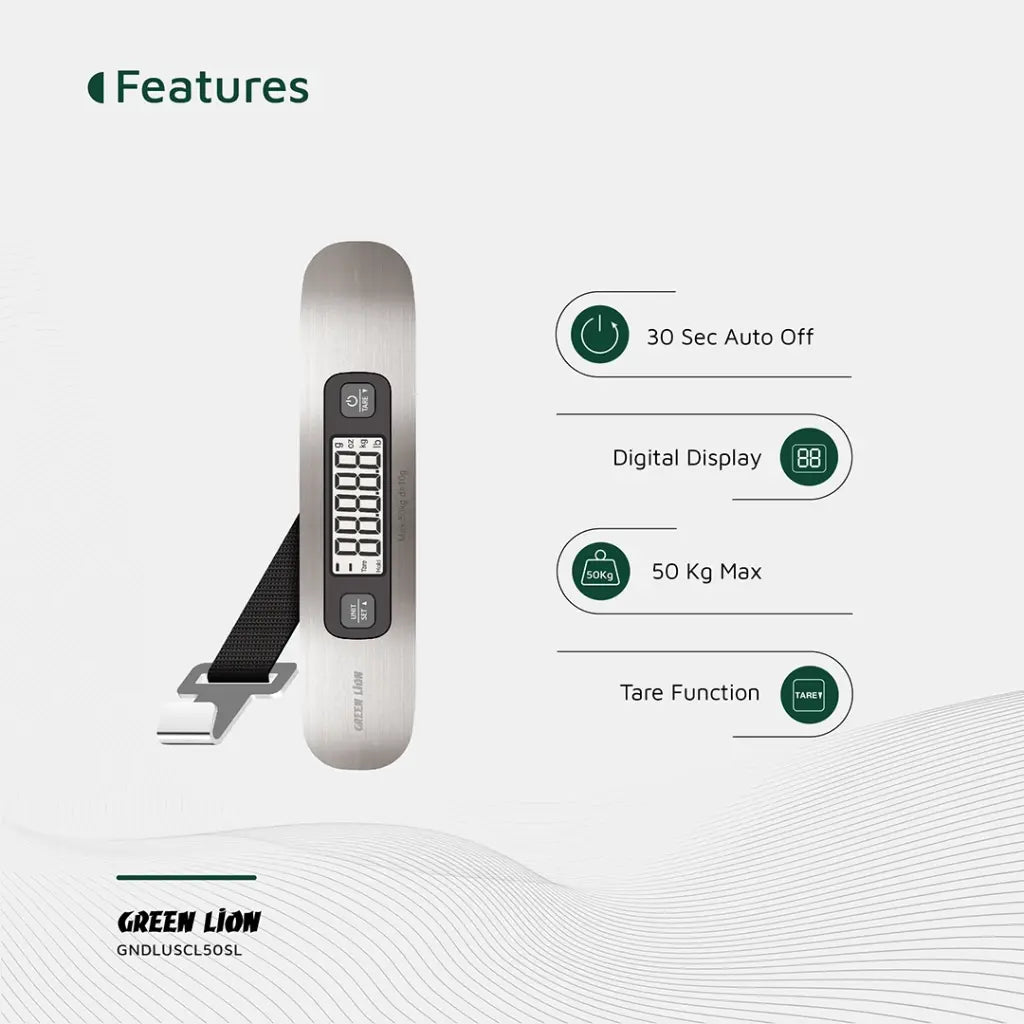 Green Lion luggage scale LCD screen displaying weight reading with 10g precision
